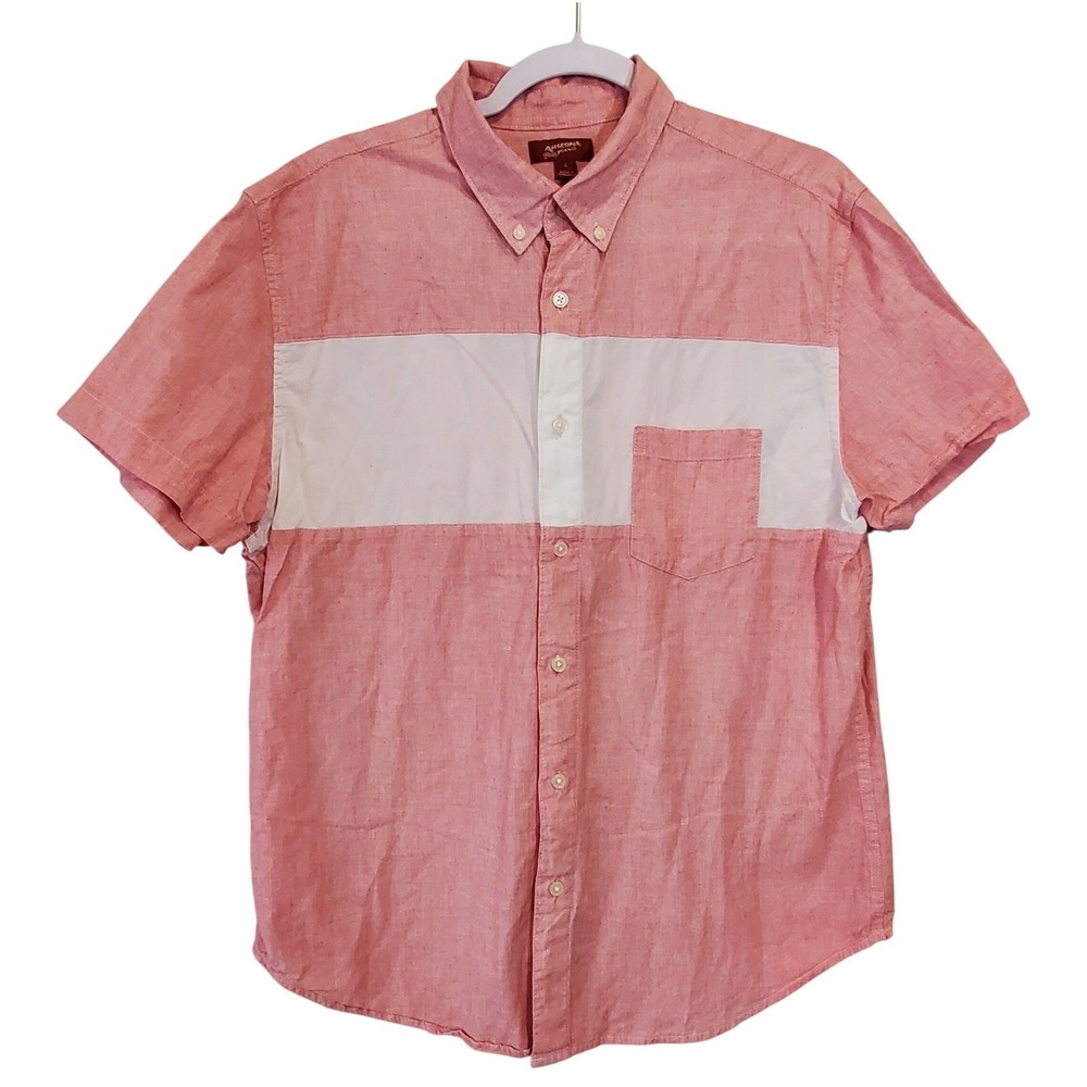 Arizona Jean Co Mens Large Salmon Pink White Colorblock Short Sleeve Button Down